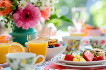Closeup of a beautifully set brunch table with colorful dishes. Generative AI