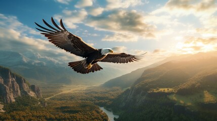 With wings spread wide, an elegant eagle glides gracefully over the mountainous horizon, its flight...