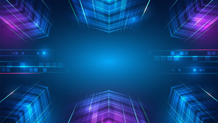 Modern technological design. Abstract high-tech background with arrows and glowing lines. Vector illustration for a banner or presentation on the theme of technology, science, and medicine. - obrazy, fototapety, plakaty