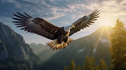 Witness the soaring grace of a majestic eagle against the backdrop of nature's grandeur.