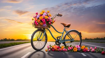 Zelfklevend Fotobehang Bicycle with basket of flowers on the road at sunset. Love concept. © woollyfoor