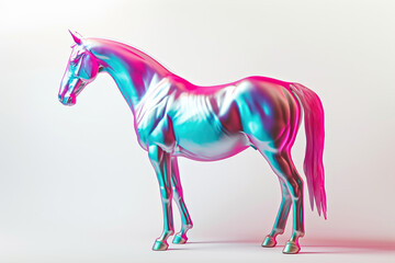 A metallic horse standing on a white surface.