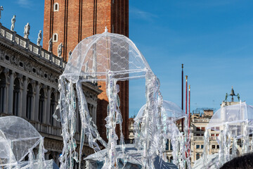 Venice, Italy - February 13th, 2024: Sunny day at the Venice Carnival with beautiful masks and...