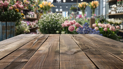Empty wooden table top with blur background of flowers store. Generated with AI