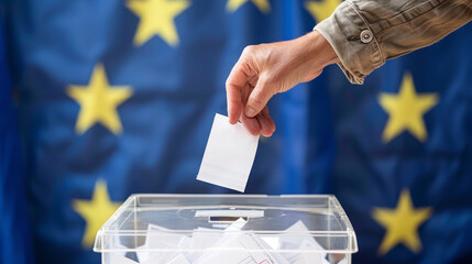 Man throwing his vote into the ballot box. Elections to the European Parliament - 740283441