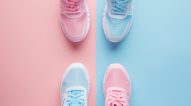 New sneakers placed on a colorful background featuring shades of pink and blue pastels, offering ample copy space. This overhead shot showcases the running shoes in a top view, flat lay style