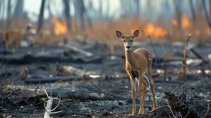 Solitary Deer Amidst Wildfire Devastation in a Burnt Forest