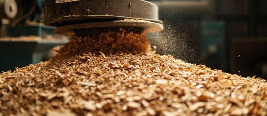 A pile of wood shavings sits on top of a table as a device transports wood fragments over a mound of fine wood particles.