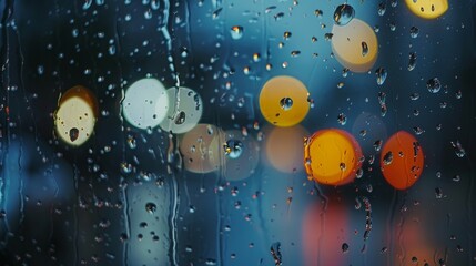Raindrops on Glass Window with Colorful Bokeh Lights: A Magical Intersection of Urban Rainfall and City Nightlife