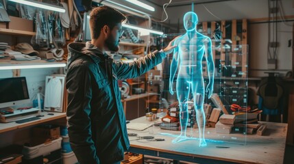 Designer in a workshop adjusts a holographic human model on a digital interface, highlighting cutting-edge fashion technology.