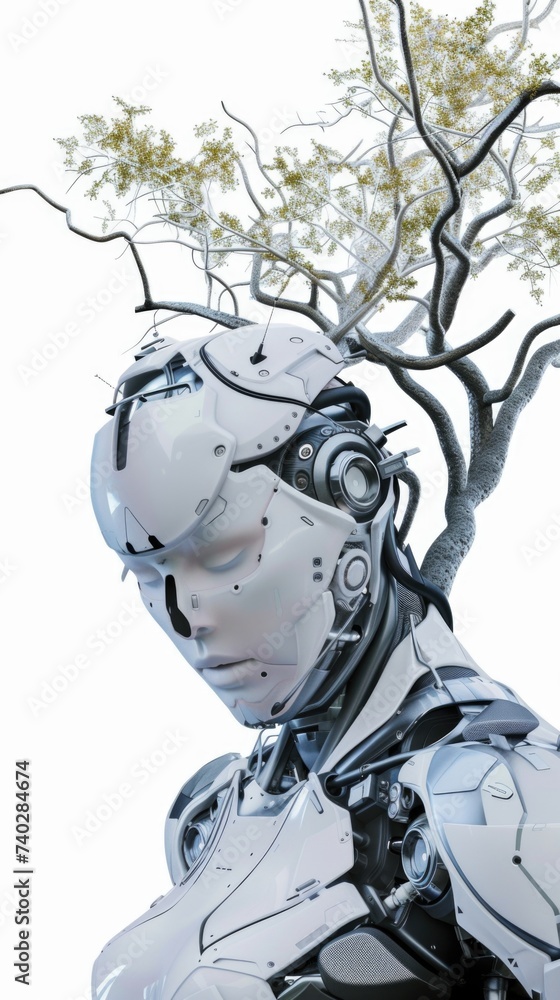Poster a robot with a tree in the background. robot with a tree with leaves growing out of his body