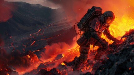 An astronaut in a space suit explores volcanic terrain, resembling an extraterrestrial environment with active lava flows. - obrazy, fototapety, plakaty