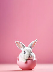 Easter bunny in egg shell on pink background. Easter concept.