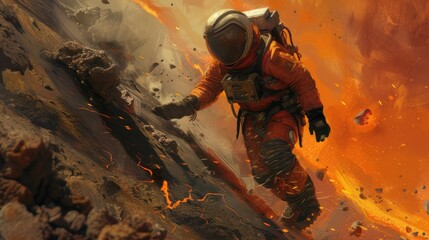A space explorer in an orange suit traverses a volcanic landscape, simulating a mission on a potentially habitable planet.