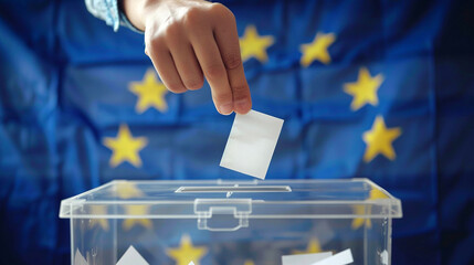 Man throwing his vote into the ballot box. Elections to the European Parliament - 740284650