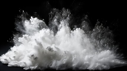 Dynamic White Powder Explosion Captured in Flight Against Dark Background