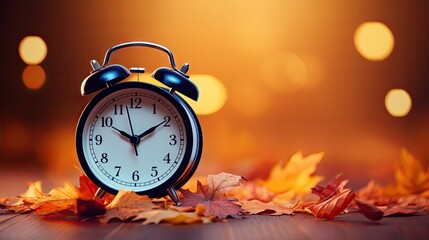 Time to Fall Back: Clock Resting on Colorful Autumn Leaves Signaling Daylight Savings Time