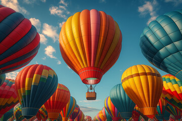 A colorful hot air balloon festival with balloons on the sides and a clear sky in the center for text. Concept of uplifting adventures. Generative Ai.