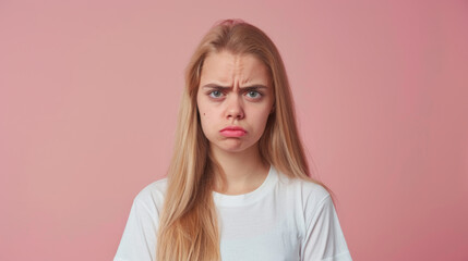A young woman with a puzzled expression, featuring blonde hair and freckles, against a pink background.