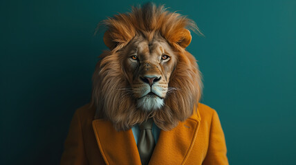 Portrait of a lion dressed in an elegant suit on a green background