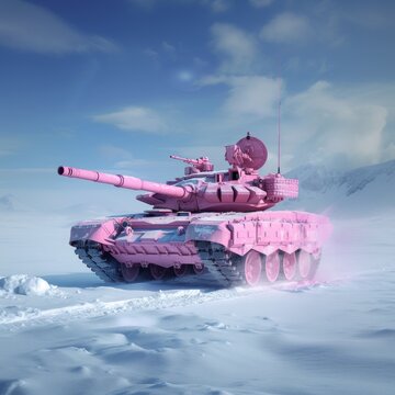 Pink military tank isolated on white background