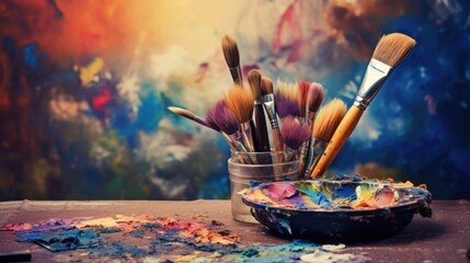 Fototapeta premium Vibrant Paint Brushes and Colorful Palettes Arranged on a Wooden Table for Creative Art Projects
