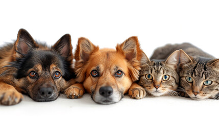 Cute dogs and cats together on white background