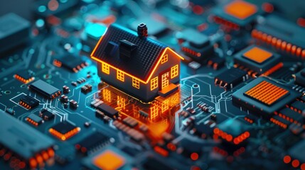 The smart home automation icon integrated with a motherboard symbolizes future technology for home remote control and automation - obrazy, fototapety, plakaty