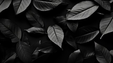 Monochrome Autumn Essence: Elegance of Fallen Leaves on Black Background