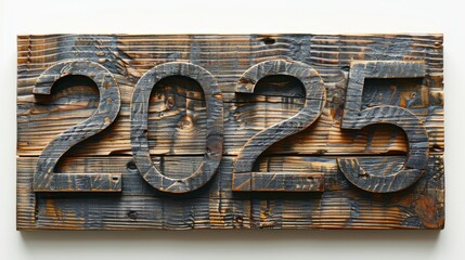 Dark oiled wood number 2025 shape isolated on white background for design and decoration projects