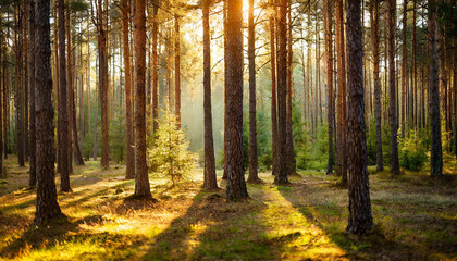 Lush green forest at sunset, shadows deepen among ancient spruce, fir, and pine trees