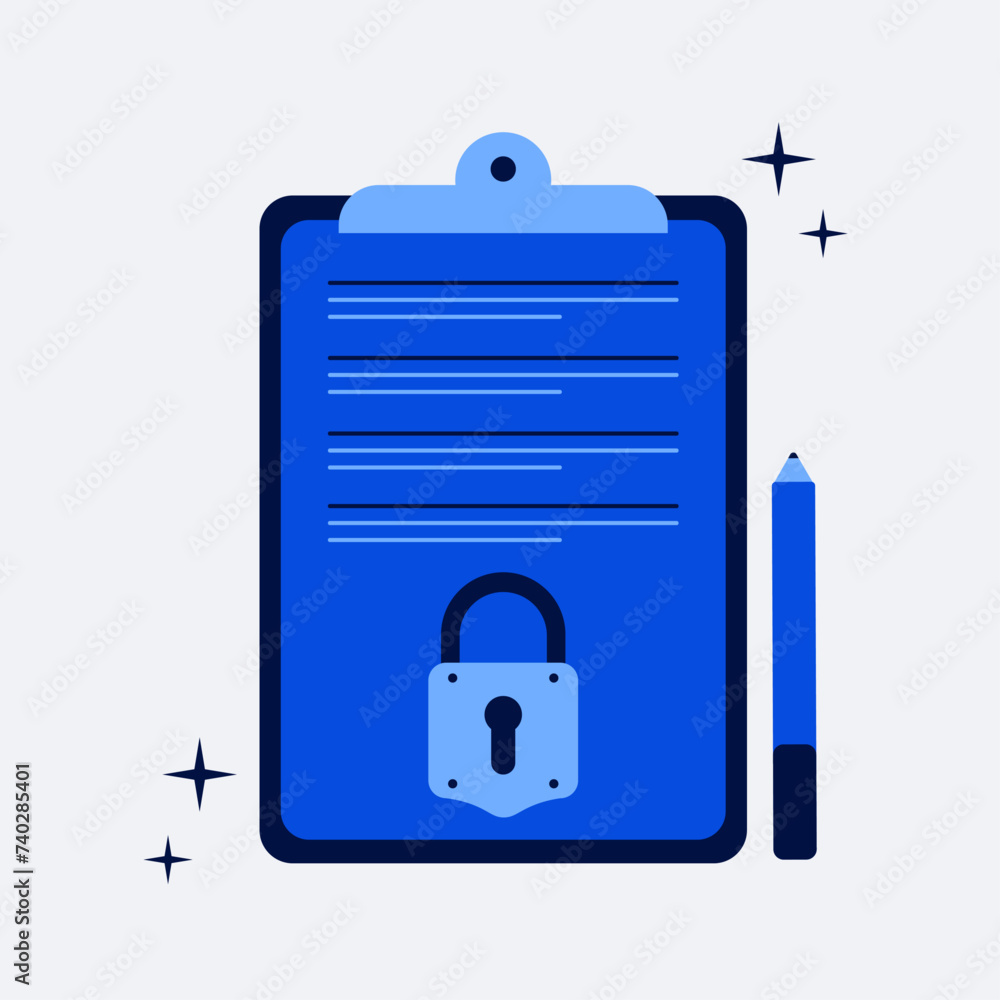 Aufkleber securing documentation with an external lock. digital smart contract. modern flat vector illustratio