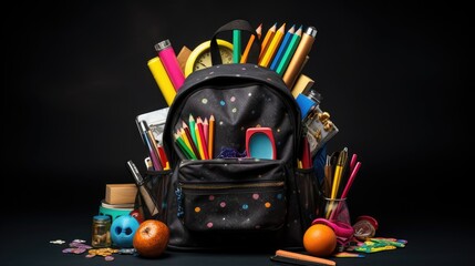 A Diverse Array of School Supplies Overflowing from a Vibrant Backpack on a Chalkboard Background