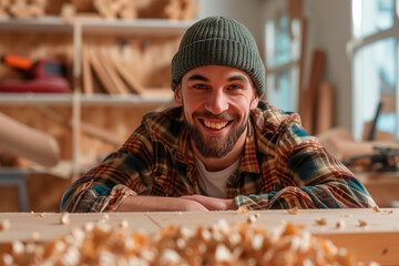 Obraz na płótnie Canvas Happy Woodworker in Workshop Smiling. Cheerful male artisan with a beanie enjoying woodworking in a sunny workshop.
