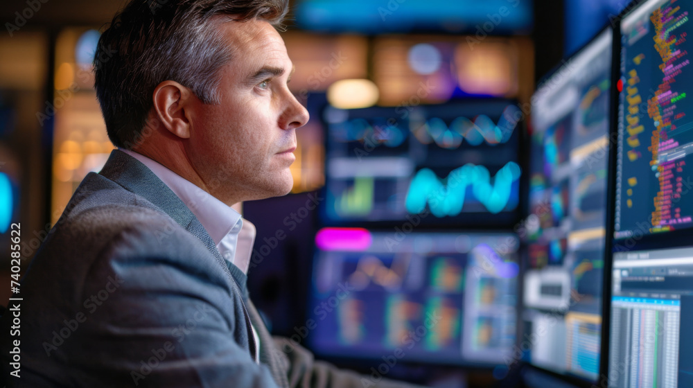 Poster a focused financial analyst is working in a high-tech monitoring room filled with computer screens d