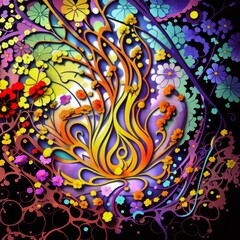 Colorful abstract floral and butterfly design with vibrant flames at the center. Abstract, digital art with a stained-glass effect.Use: Backgrounds, posters, greeting cards, decorative. 