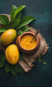 A Aamras of mango puree with a spoon, fresh mangoes, and green leaves on a dark background. Top view. Culinary. Holidey concept. For banned, desing, poster, wallpaper, Food blogging
