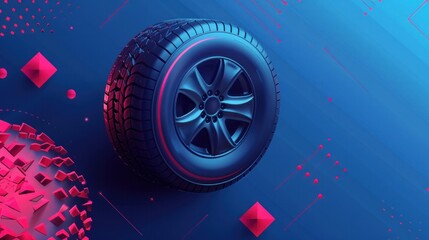 Horizontal banner depicting tires, showcasing the properties of car tires and featuring a web page for wheeled vehicles. The design incorporates a blue background with red geometric inserts and text - obrazy, fototapety, plakaty