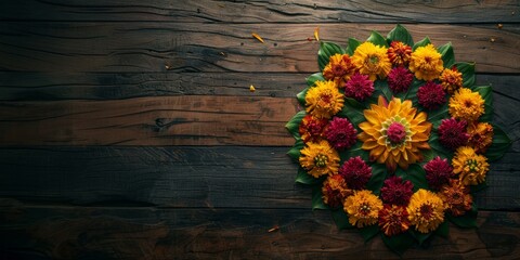 Wreath, mandala of yellow and red flowers against an antique wooden surface. Still life photo. Cultural and religion. For for greeting cards, wedding, boster, banner. With copy space