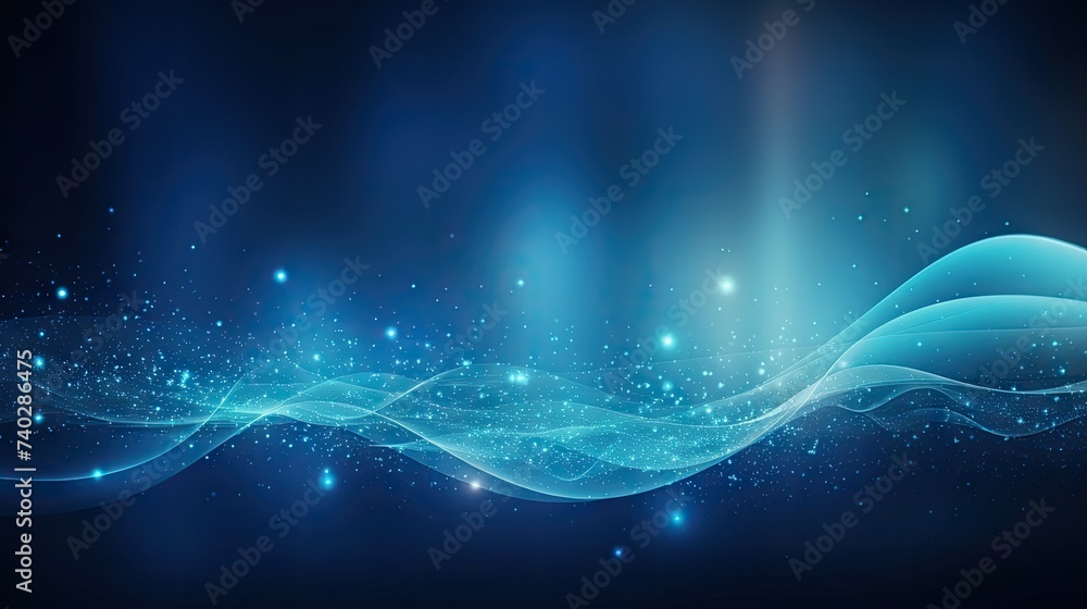 Poster tranquil blue abstract background with illuminated waves and starry bokeh