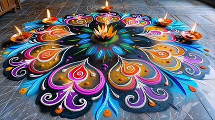 Brightly painted on the floor with exquisite floral patterns, a variety of flowers in vibrant shades of pink, orange, yellow and blue. Rangoli. Cultural and religion. Gudi Padwa. For festival, banner