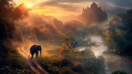 Mystical Sunrise over an forest with a lone elephant. Religion and culture. For banners, wallpaper, background, celebration, decor. Landscape. - obrazy, fototapety, plakaty