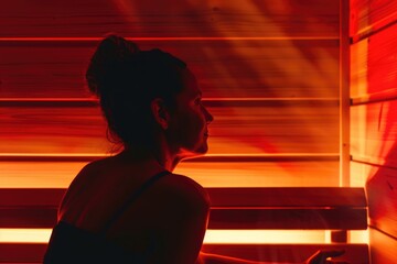A woman sitting in a sauna room with a red light. Infrared sauna interior