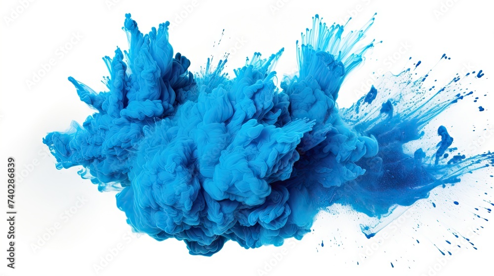 Poster dynamic blue ink drops create artistic patterns on clean white surface