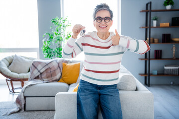 Photo of excited confident lady wear striped pullover spectacles showing thumb up recommending buy...