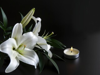 A white lily and a candle on a table. Condolence funeral card with white lily flowers and a candle.