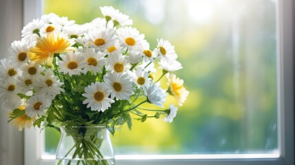 Sunlit Window Displaying a Beautiful Vase of Delicate White and Yellow Daisy Flowers