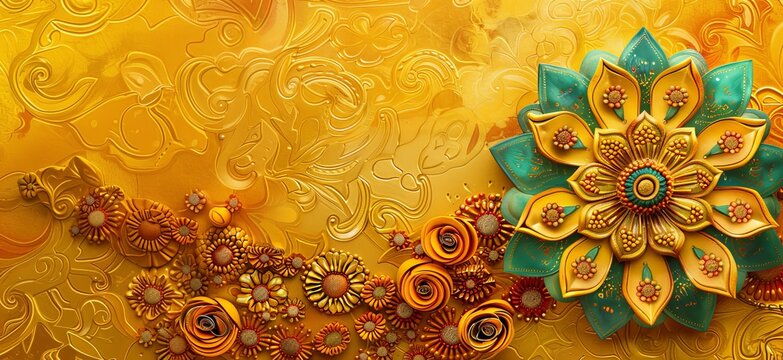 Golden Floral Mandala on a gold neutral background. Religion and culture. For banners, wallpaper, background, celebration, decor.  With copy space.
