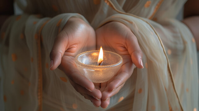 Cupped hands holding a small lit candle. Close-up. Cultural and religion. Gudi Padwa. For festival, banner