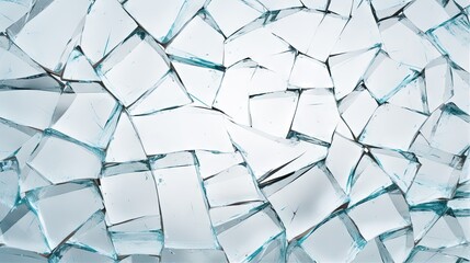 Shattered Glass Fragments Scattered on a White Surface with Reflections